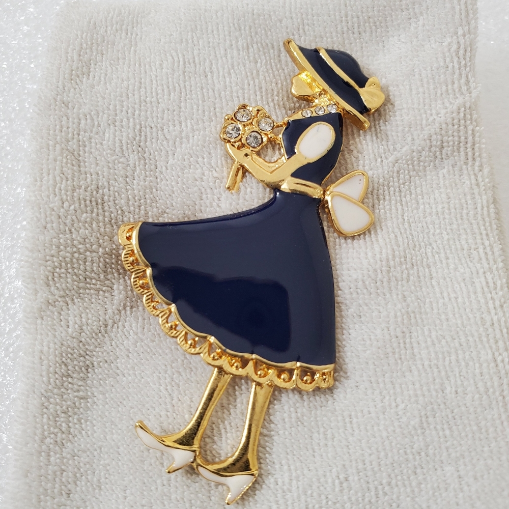 Enamel Brooch | Lady in Blue and Embellished Rhinestone Bouquet